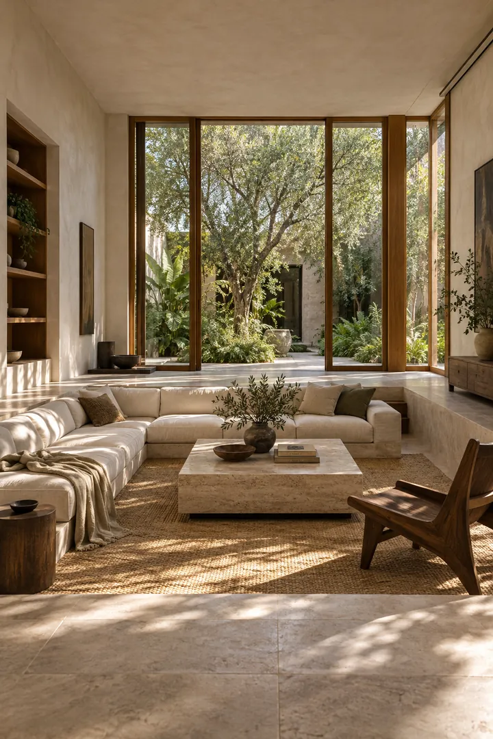 A light-filled living room with a linen sofa, walnut chair and courtyard views