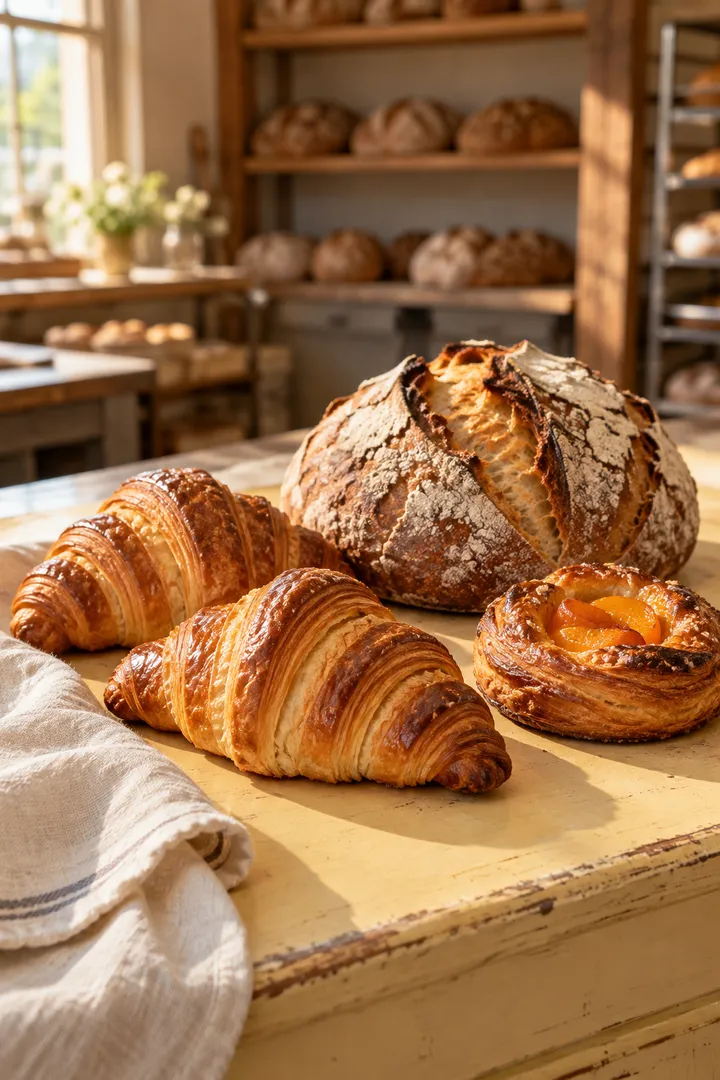 Golden croissants, a sourdough loaf and an apricot danish in a sunlit bakery