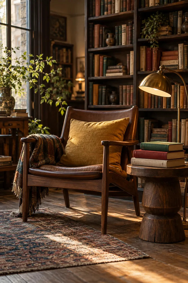 A walnut reading chair, brass lamp and cloth-bound books in a cozy independent bookshop