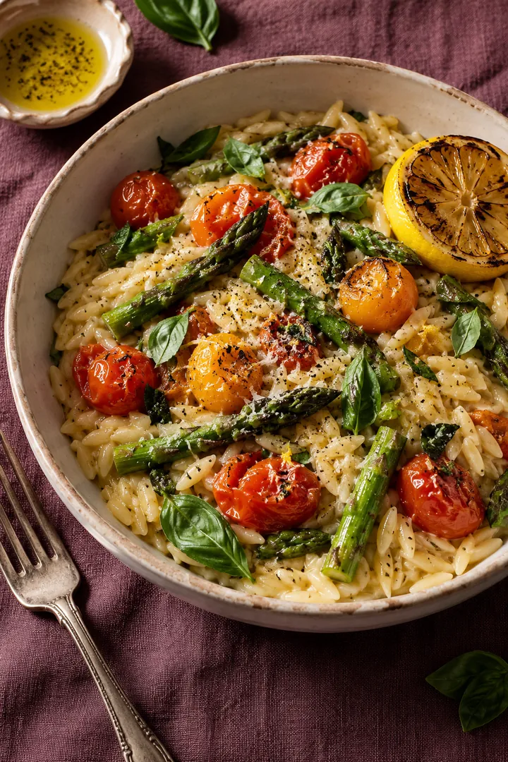 Lemon orzo with asparagus, roasted tomatoes and basil