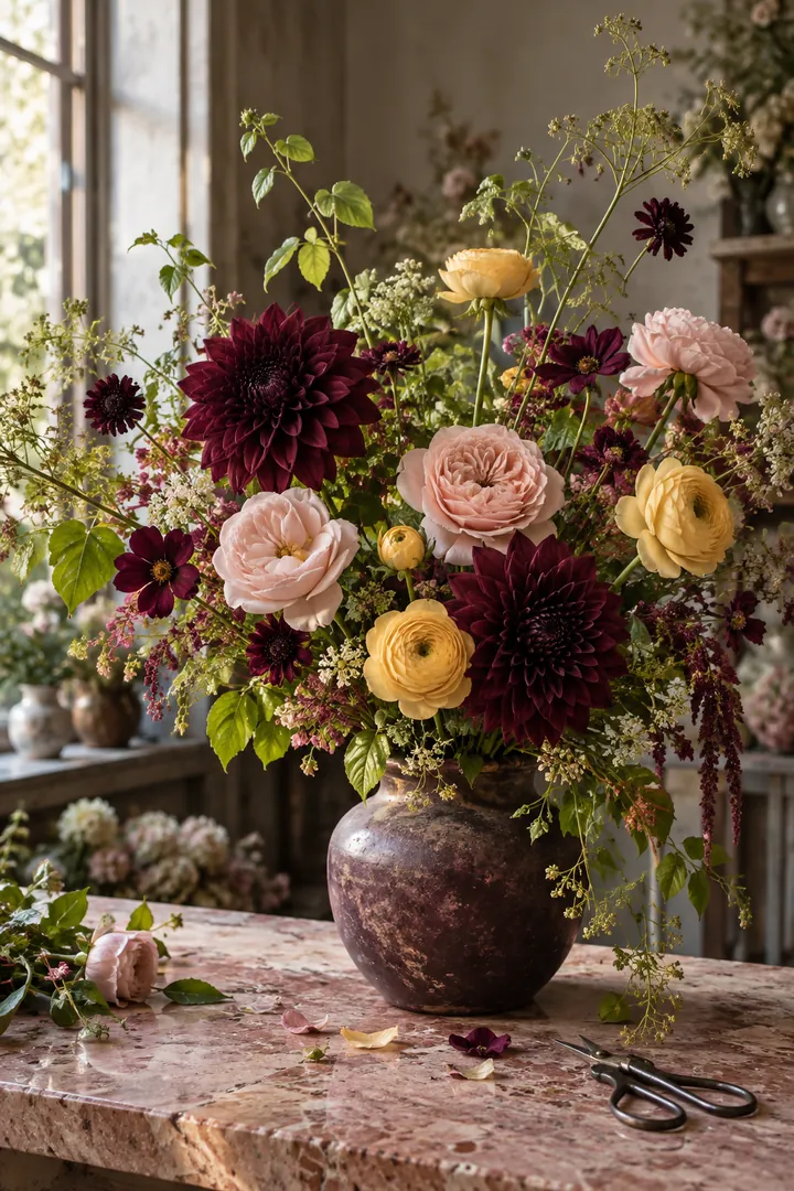 Burgundy dahlias, blush roses and yellow ranunculus arranged in a plum ceramic vase