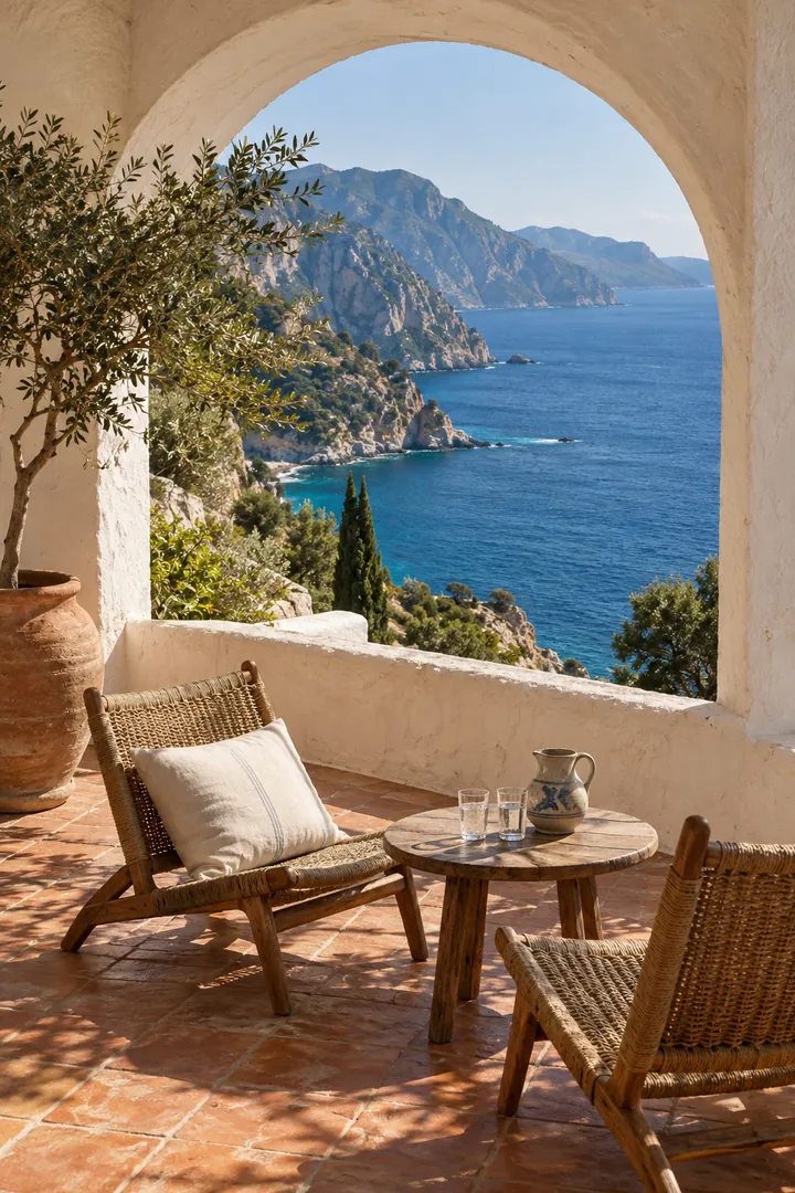 A white plaster arch and woven lounge chairs on a quiet terrace overlooking the sea