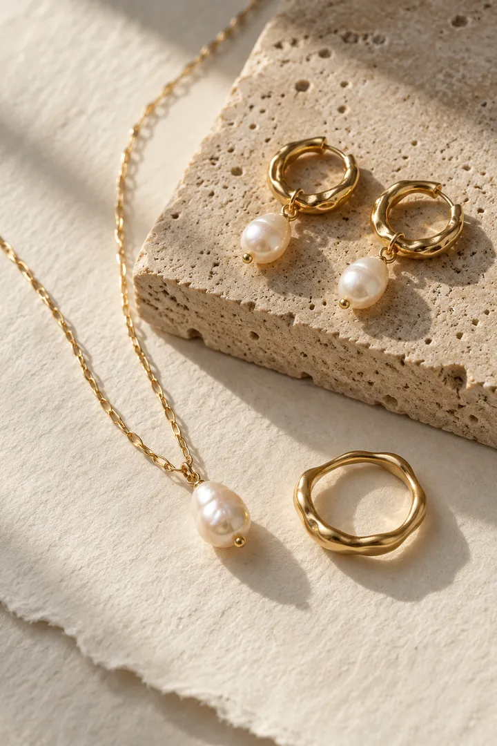 Gold and freshwater pearl jewelry on handmade ivory paper and travertine