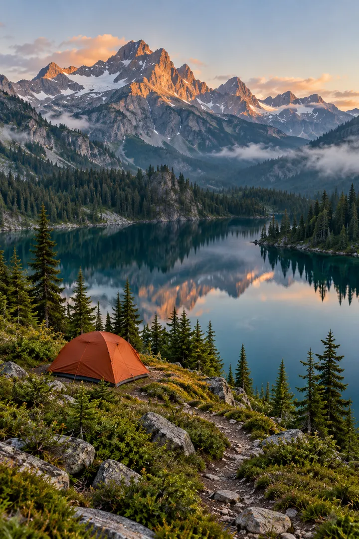 A rust-orange tent above an alpine lake with forest and mountain peaks at dawn