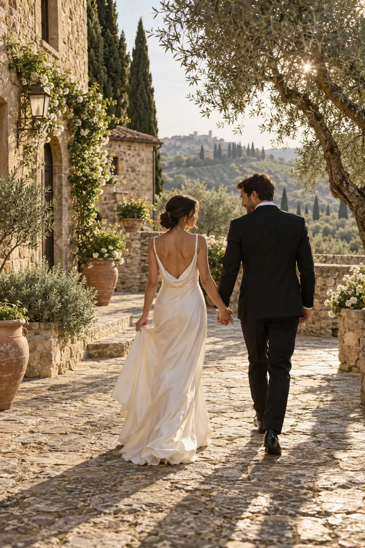 A couple walking through an Italian courtyard